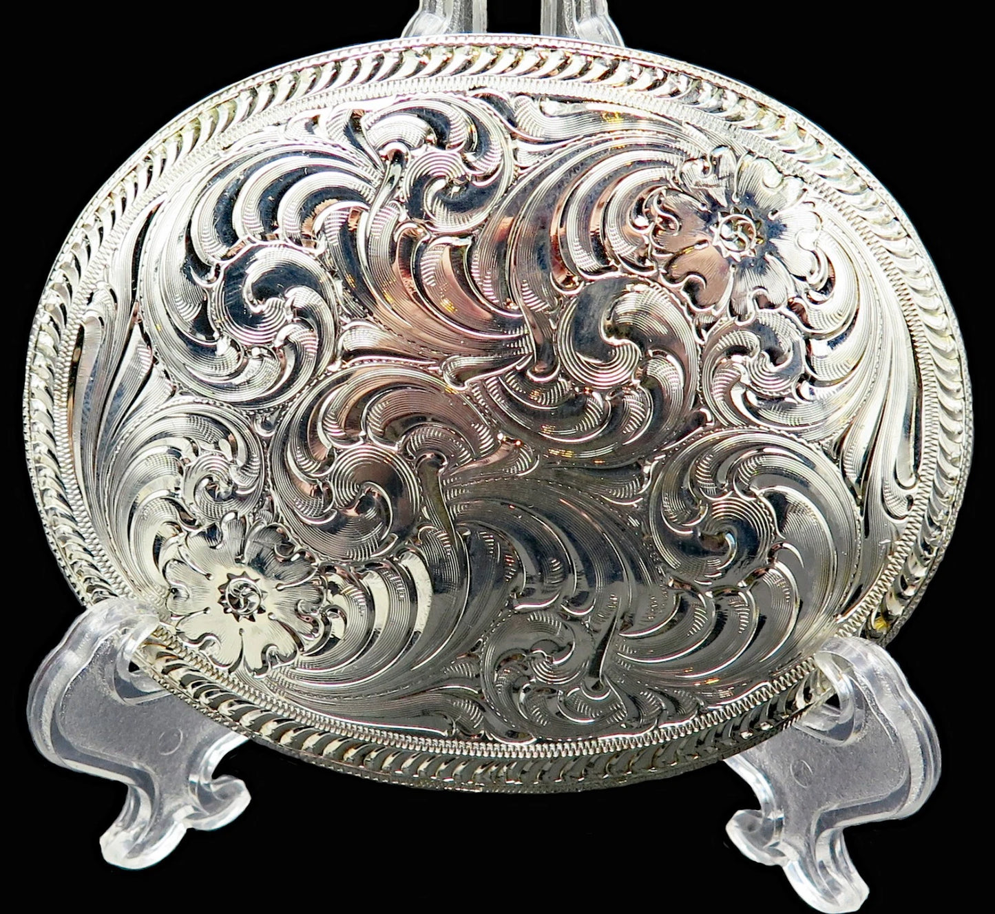 Vintage Ornate Filigree Silver Plate Buckle - Western Scroll