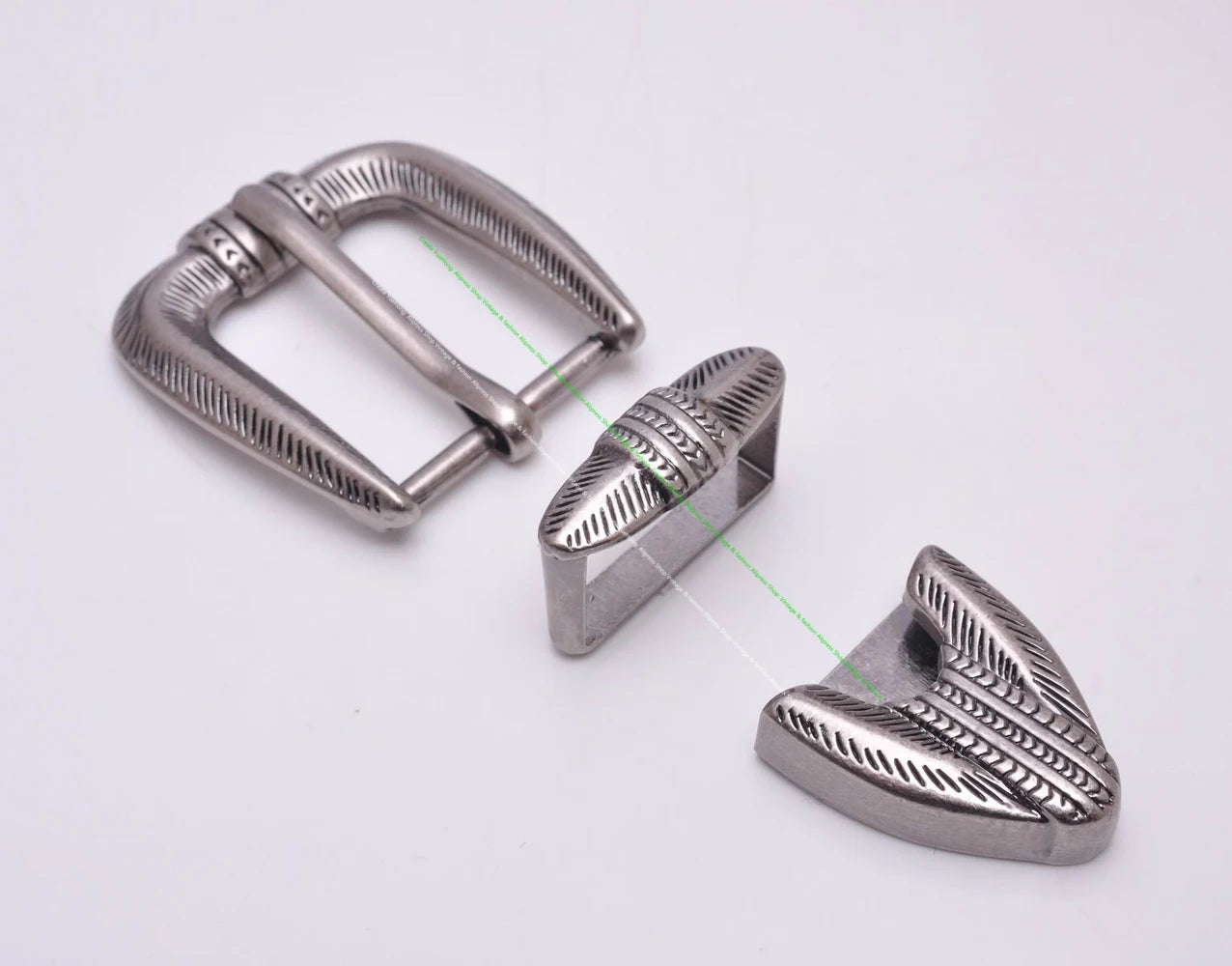 Western Cowboy Engraved 25mm Belt Buckle Set - Antique Silver 3-Piece