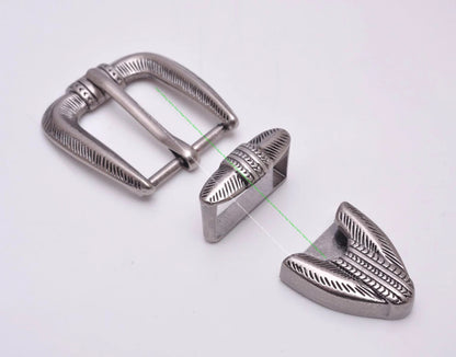 Western Cowboy Engraved 25mm Belt Buckle Set - Antique Silver 3-Piece