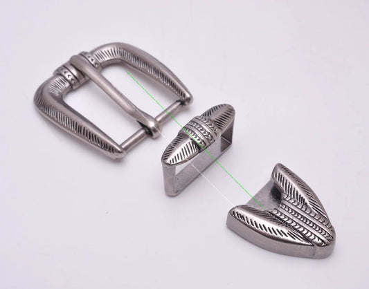 Western Cowboy Engraved 25mm Belt Buckle Set - Antique Silver 3-Piece