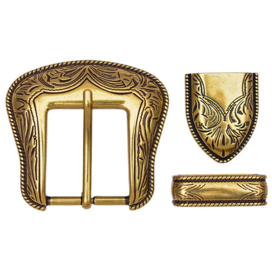 Western Floral Carved Belt Buckle Set - Antique Brass, 35mm Strap Fit