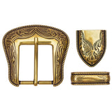 Western Floral Carved Belt Buckle Set - Antique Brass, 35mm Strap Fit