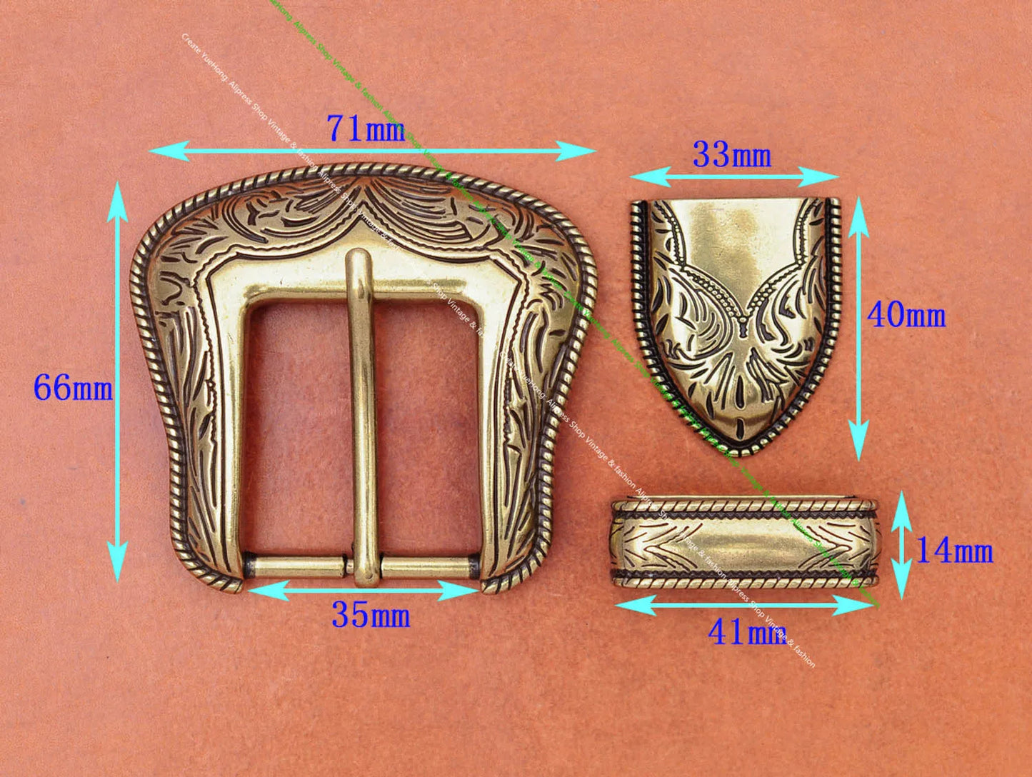 Western Floral Carved Belt Buckle Set - Antique Brass, 35mm Strap Fit