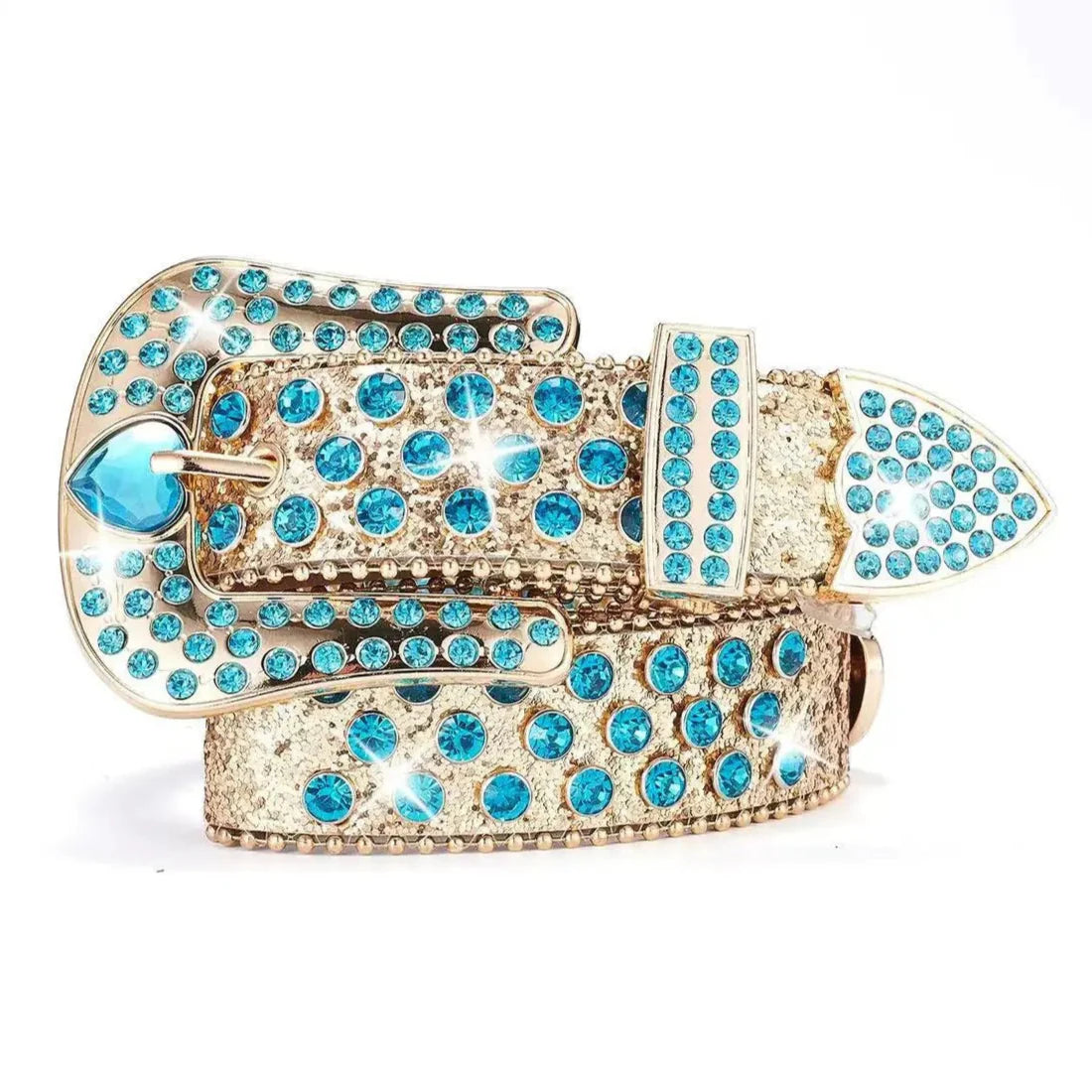 Western Glam Rhinestone Belt: Blue Heart Buckle & Gold Glitter Strap