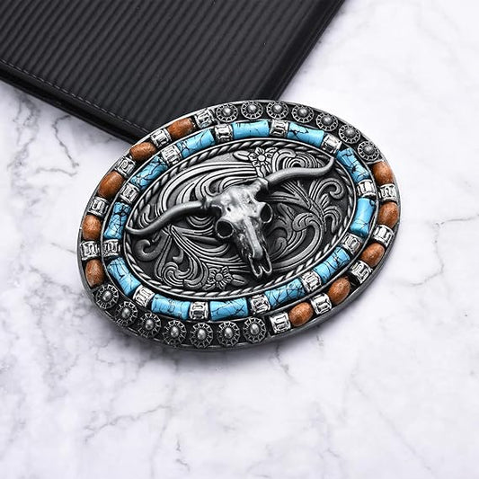 Western Longhorn Bull Skull Belt Buckle | Vintage Rodeo Style for Men & Women