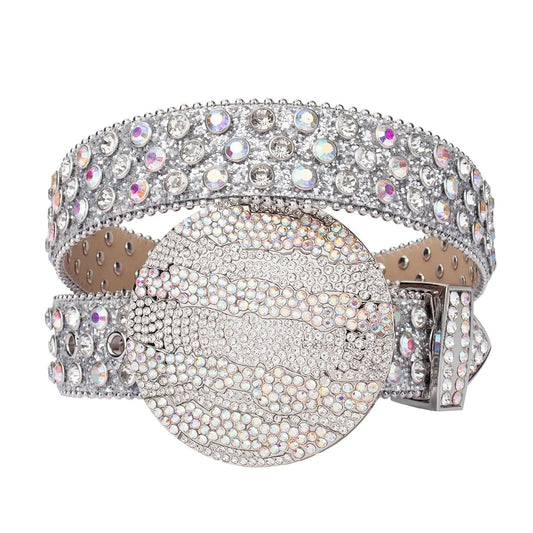 White Globe Buckle Rhinestone Belt – Silver Glitter Strap, Unisex