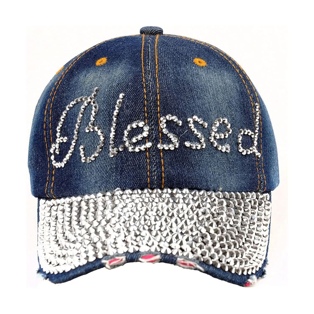 Women's Blessed Rhinestone Denim Baseball Cap – Trendy Sparkle