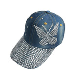 Women's Distressed Denim Butterfly Rhinestone Baseball Cap