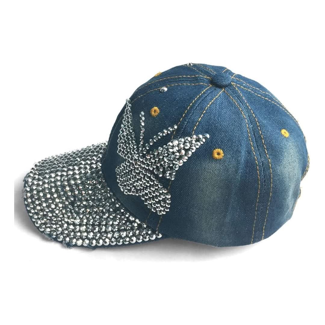 Women's Distressed Denim Butterfly Rhinestone Baseball Cap