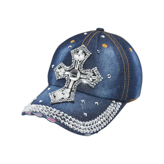 Women's Distressed Denim Cross Rhinestone Baseball Cap