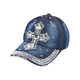 Women's Distressed Denim Cross Rhinestone Baseball Cap