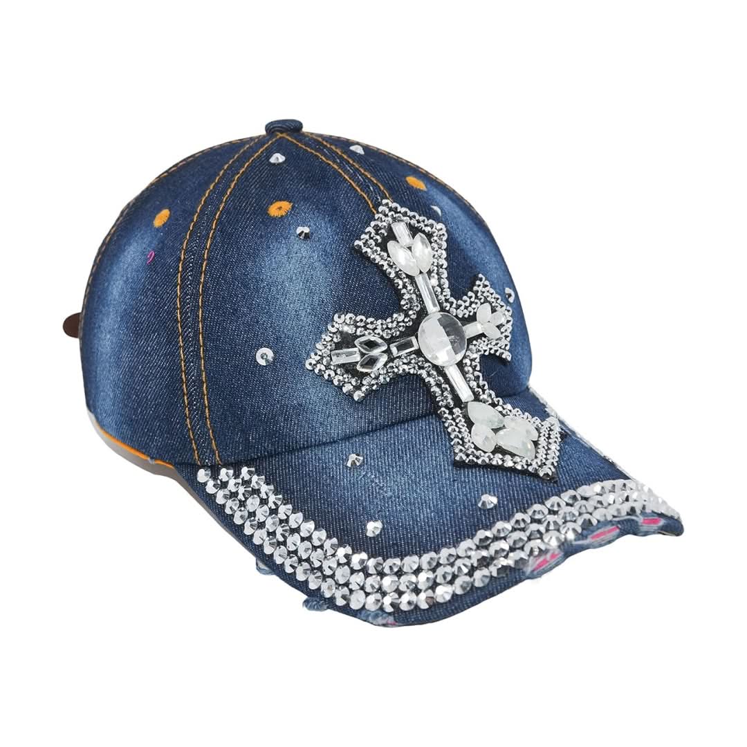 Women's Distressed Denim Cross Rhinestone Baseball Cap