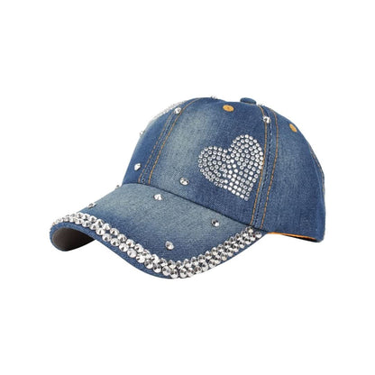 Women's Heart Studded Rhinestone Denim Baseball Cap – Stylish & Sparkly