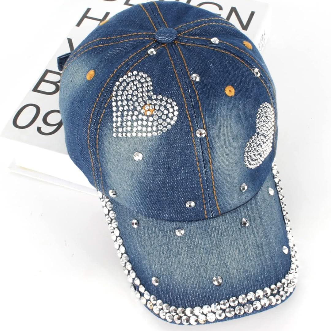 Women's Heart Studded Rhinestone Denim Baseball Cap – Stylish & Sparkly