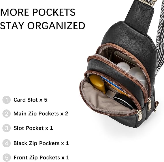 Women's Leather Sling Bag Crossbody Chest Bag - Black