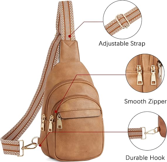 Women's Leather Sling Bag Crossbody Chest Bag - Camel Brown