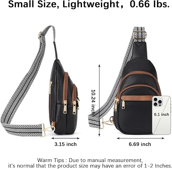 Women's Leather Sling Bag Crossbody Chest Bag - Black