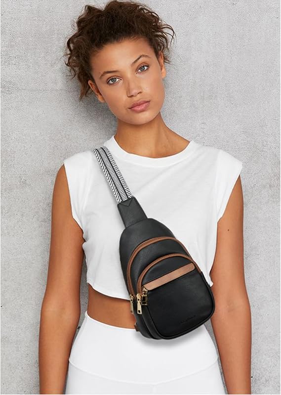 Women's Leather Sling Bag Crossbody Chest Bag - Black