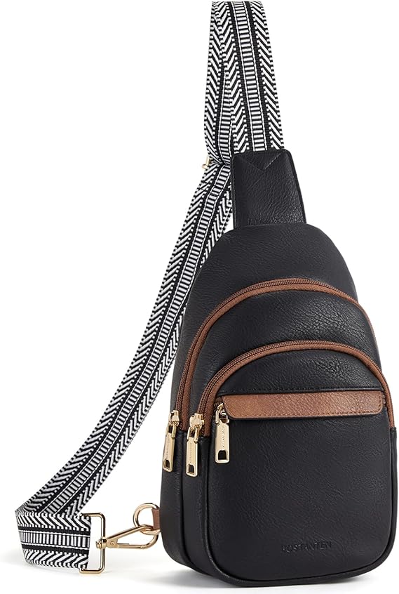Women's Leather Sling Bag Crossbody Chest Bag - Black