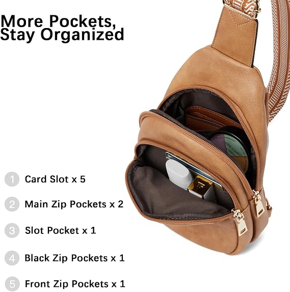 Women's Leather Sling Bag Crossbody Chest Bag - Camel Brown