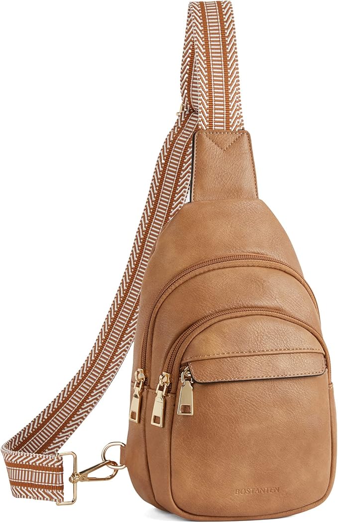 Women's Leather Sling Bag Crossbody Chest Bag - Camel Brown