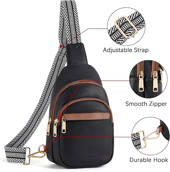 Women's Leather Sling Bag Crossbody Chest Bag - Black