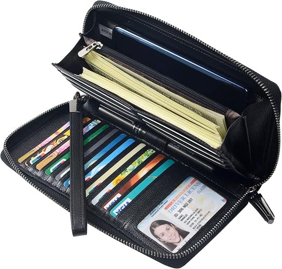 Women's RFID Blocking Zip-Around Leather Wallet Wristlet