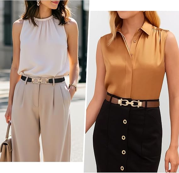 Women's Retro Stretch Skinny Belt – Gold Tuck Buckle