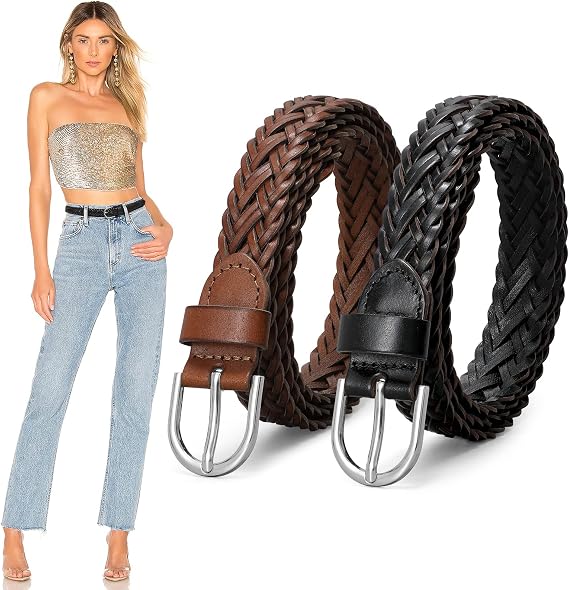 Women's Skinny Braided Leather Belt 2-Pack - No Holes