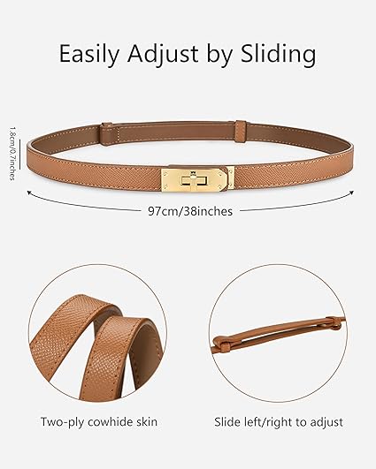 Women's Skinny Leather Belt – Golden Turn-Lock Buckle