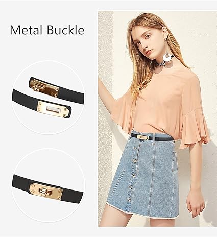 Women's Skinny Leather Belt – Golden Turn-Lock Buckle