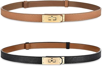 Women's Skinny Leather Belt – Golden Turn-Lock Buckle