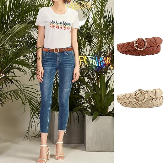 Women's Skinny Woven PU Leather Belt – Navy