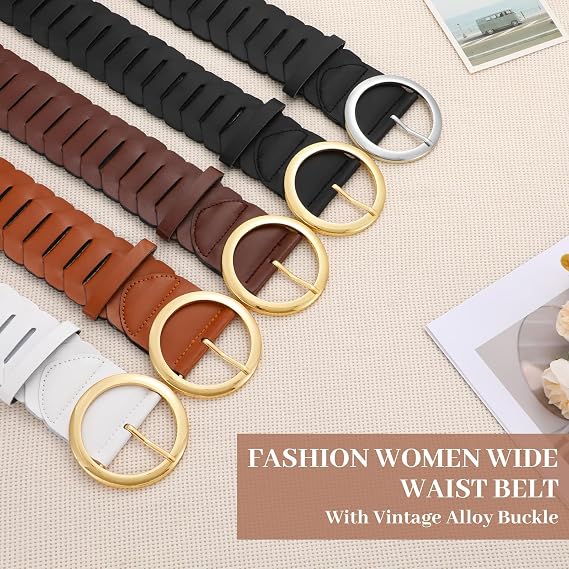 Women's Wide Braided Belt - Vintage Round Gold Buckle
