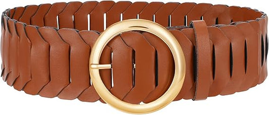 Women's Wide Braided Belt - Vintage Round Gold Buckle