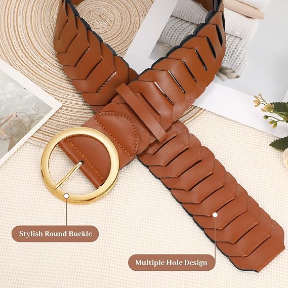 Women's Wide Braided Belt - Vintage Round Gold Buckle