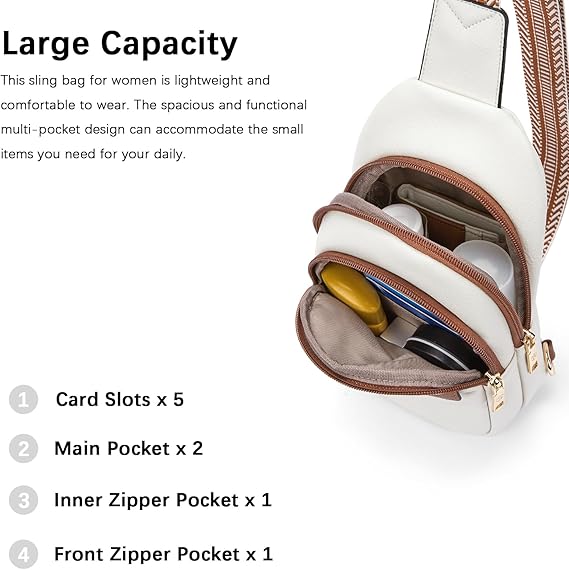 Women's Leather Sling Bag Crossbody Chest Bag - Beige