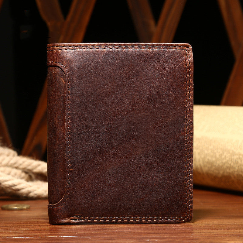 Men’s Vintage Bifold Leather Business Wallet – Multi-Compartment, Chocolate Brown