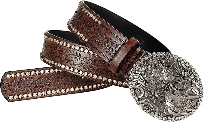 Western Cowboy PU Leather Belt – Floral Engraved