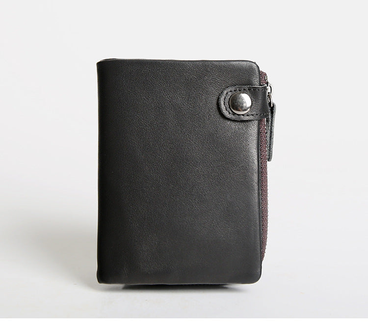Men’s Short Bifold Wallet With Zipper, Genuine First Layer Cowhide Leather, Casual Horizontal And Vertical Styles