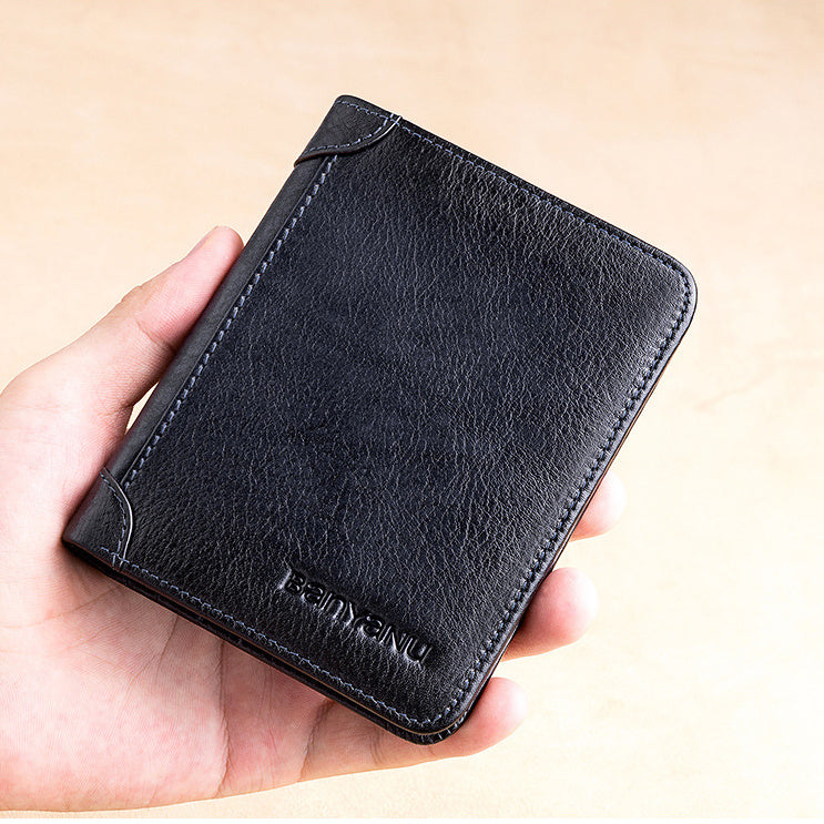 Men’s Short Leather Trifold Wallet, Large Capacity Top Layer Cowhide Horizontal Wallet
