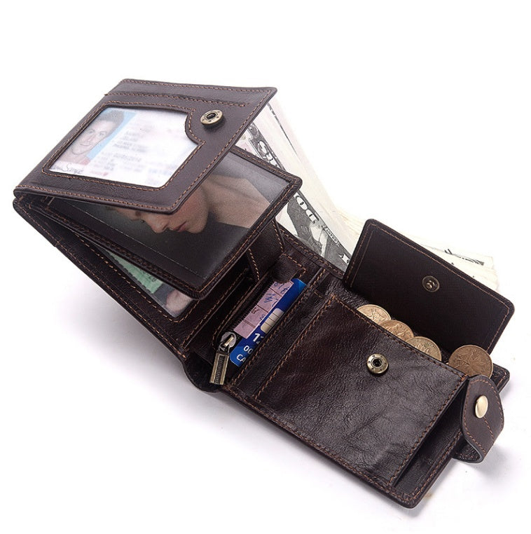 Men’s Multi-Card Real Cowhide Leather Anti-Magnetic Tri-Fold Wallet With Retro European And American Style