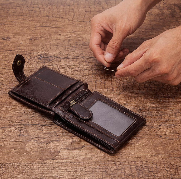 Men’s Multi-Card Real Cowhide Leather Anti-Magnetic Tri-Fold Wallet With Retro European And American Style