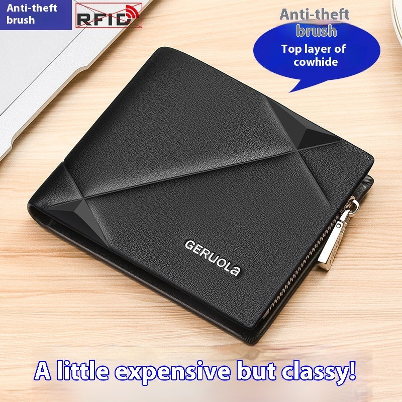 Men’s Short Leather Trifold Wallet with Zipper | Genuine Cowhide Anti-Theft Design