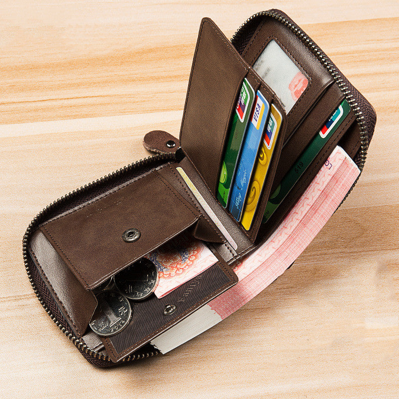 Men’s Short Leather Wallet – First Layer Cowhide, Zipper Design