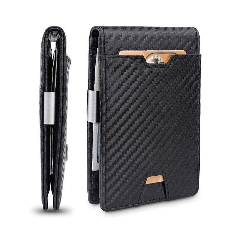 Men’s Carbon Fiber-Style PU Leather Money Clip Wallet – Slim Card Holder