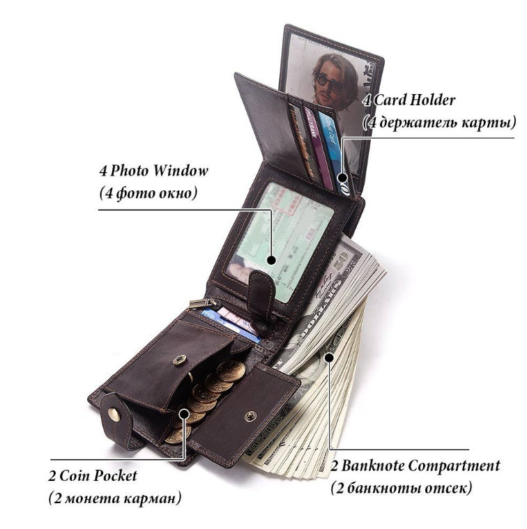 Men’s Multi-Card Real Cowhide Leather Anti-Magnetic Tri-Fold Wallet With Retro European And American Style