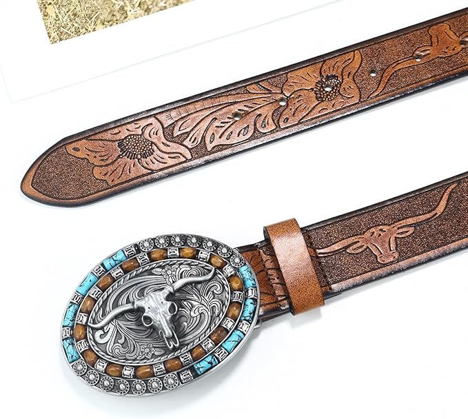 Women's Western Leather Belt – Turquoise Oval Buckle