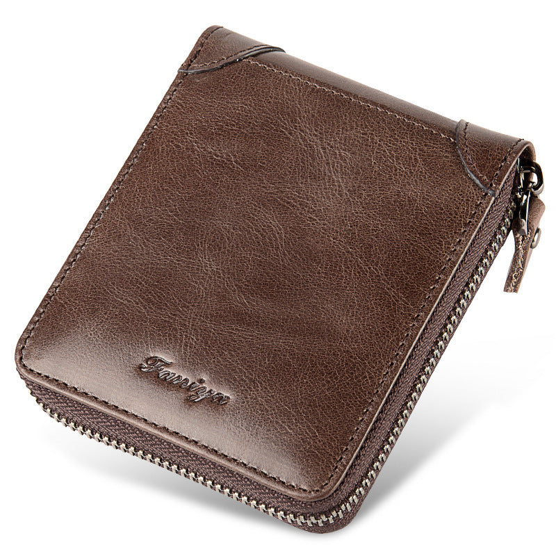 Men’s Short Leather Wallet – First Layer Cowhide, Zipper Design