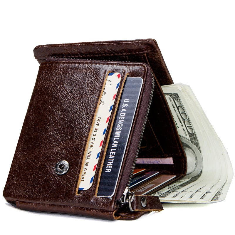 Vintage Crazy Horse Leather Tri-Fold Men’s Wallet with Zipper Coin Purse